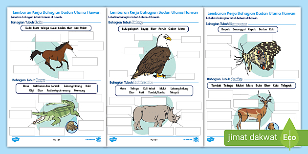 Lembaran Kerja Bahagian Badan Utama Haiwan Dwibahasa