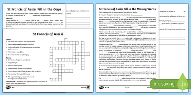 St Francis of Assisi Differentiated Worksheet / Worksheet Pack, worksheet