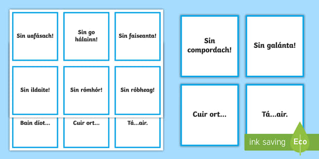 Gaeilge Trying on Clothes Phrases Word Cards, Twinkl