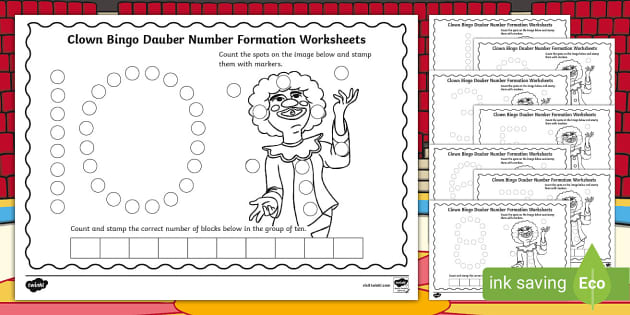 FREE Clown Bingo Dauber Number Formation Worksheets