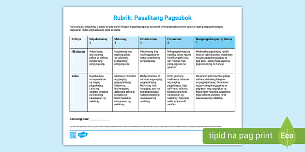 rubrics in essay tagalog