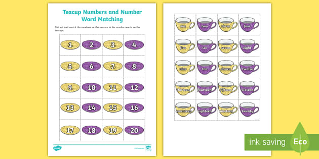 Ks Teacup Numbers And Number Words Match Up Worksheet