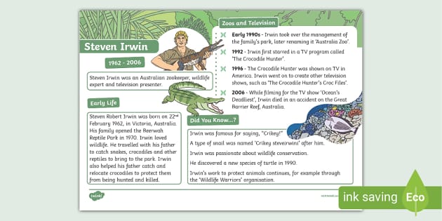 KS1 Steve Irwin Fact File (Hecho por educadores) - Twinkl