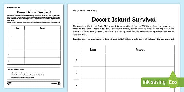 Desert Island Survival Worksheet - Learning Resource - Twinkl