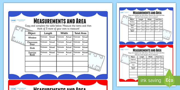 Measurements And Area Table Maths Challenge Cards