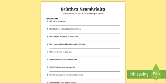 Briathra Neamhrialta Aimsir Caite Worksheet Gaeilge - Twinkl