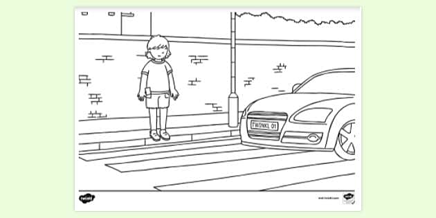 FREE! - Boy Waiting To Cross Road Colouring Sheet - Twinkl
