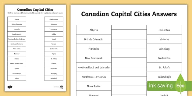 Match Provinces & Capitals Worksheet | Canada Capitals Quiz