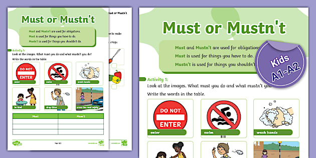 ESL Modal Verb Must Mustn't Worksheet for A1 to A2 kids