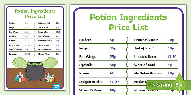 Magic Potion Ingredients Price List (teacher made) - Twinkl