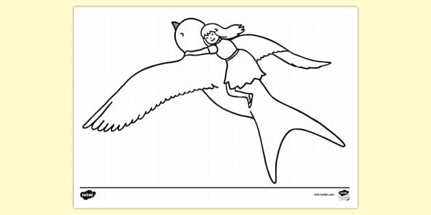 FREE! - Thumbelina Flying On Swallow Colouring Sheet - Twinkl