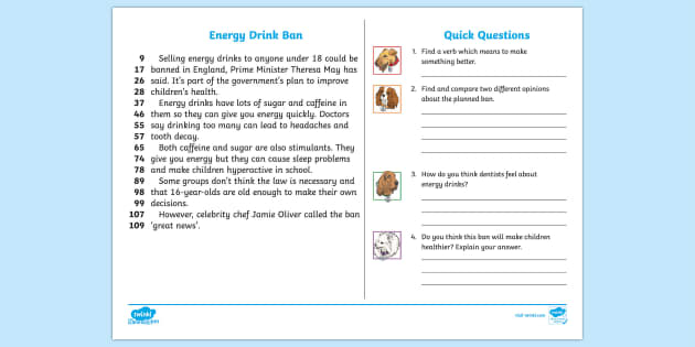 LKS2 Energy Drink Ban Daily News 60-Second Read Activity Cards
