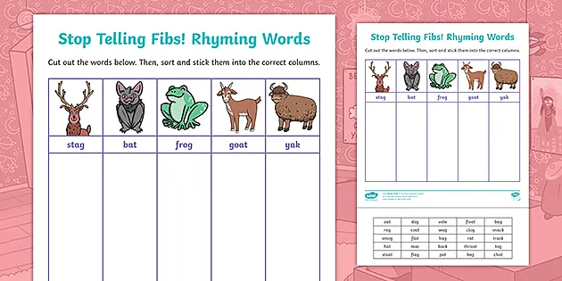 Stop Telling Fibs! Rhyme Sort Worksheet - Primary Resources