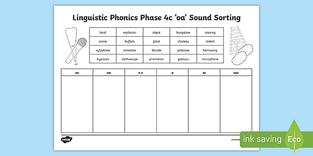 Linguistic Phonics Phase 4c 'oa' Sound Sorting Worksheet