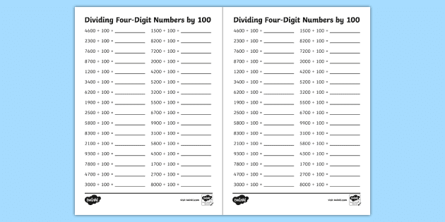 Dividing Four Digit Numbers By 100 Worksheet