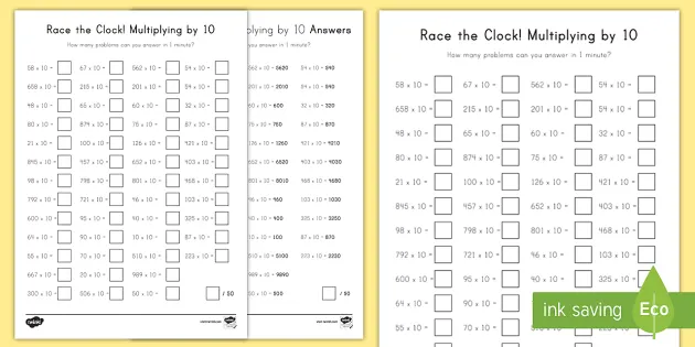 race the clock multiplying by 10 worksheet worksheet