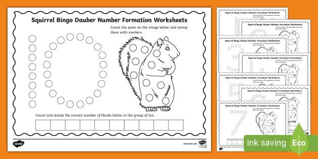 FREE Squirrel Bingo Dauber Number Formation Worksheets Twinkl