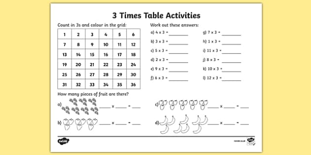 3 times table worksheet activity sheet 3 times tables