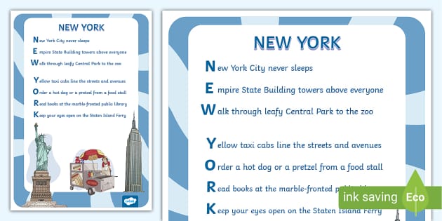 New York Acrostic Poem Template (teacher made) - Twinkl