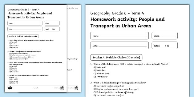 People and Transport in Urban Areas: Homework Activity