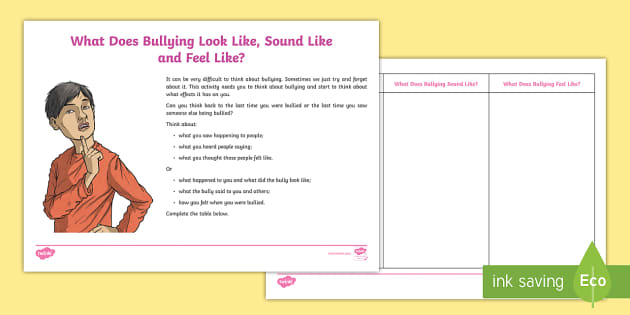 What Does Bullying Look Like, Sound Like And Feel Like? Worksheet