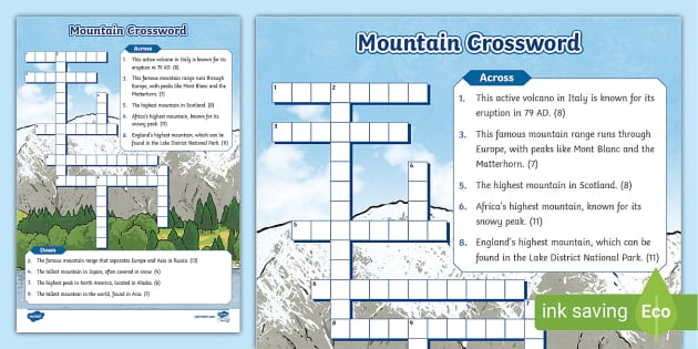 Mountains Crossword (teacher made) Twinkl