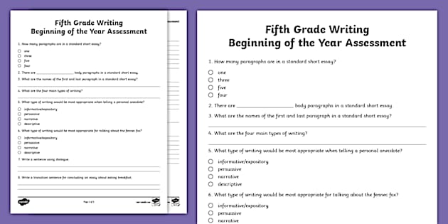 Fifth Grade Beginning of the Year ELA Writing Assessment