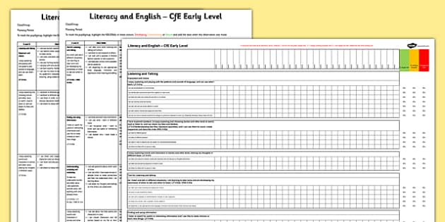 Literacy And English Cfe Early Level Tracking Assessment Sheet And Spreadsheet 1970