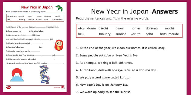 New Year in Japan Fill in the Blanks Activity - Twinkl