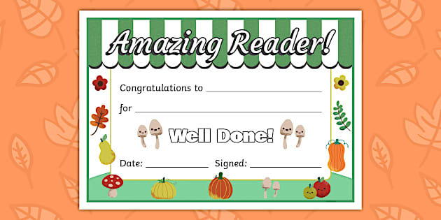 Autumn Market Themed Reading Certificate (teacher made)