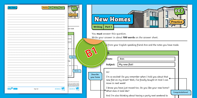 B1 Preliminary (PET) - Writing Part 1 - (New Homes) - Twinkl