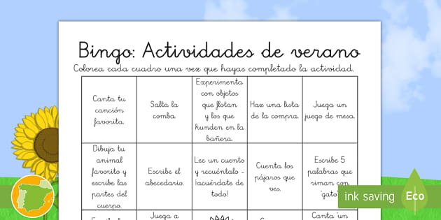 Ficha de actividad: Bingo - Actividades de verano - Twinkl