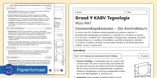Graad 9 KABV Tegnologie Mini-PAT Kwartaal 1: Gemeenskapskwessies - Die