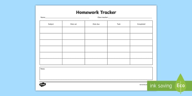 kindergarten homework tracker