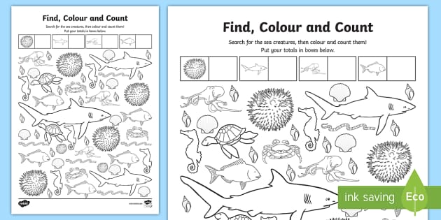Under the Sea Find, Color and Count Worksheet / Worksheet