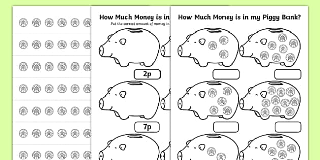 how much money is in my piggy bank 1p worksheet maths