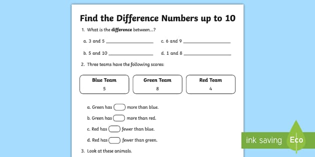 Find the Difference Numbers up to 10 Worksheet - Twinkl