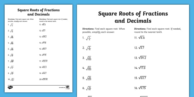 Eighth Grade Square Roots Of Fractions And Decimals Practice