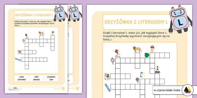 Literusie | Krzyżówka z Literusiem L | Piszemy wyrazy na literę l