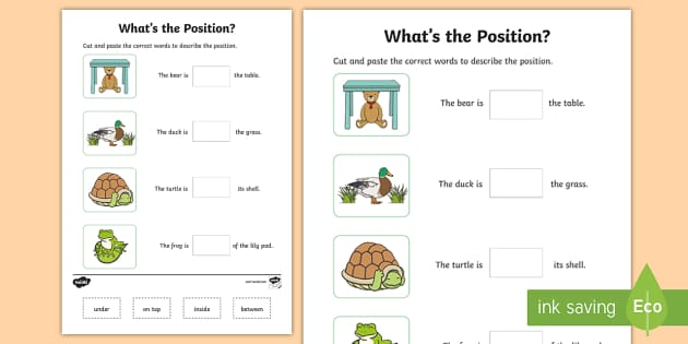 Download choose the appropriate prepositions from in, out, under, and on to  fill the blank worksheets