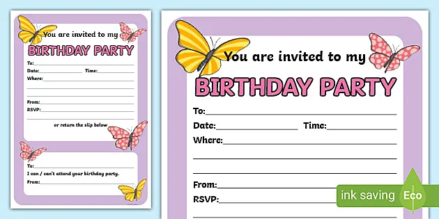 FREE! - Butterfly Party Invitations Free Template - Twinkl