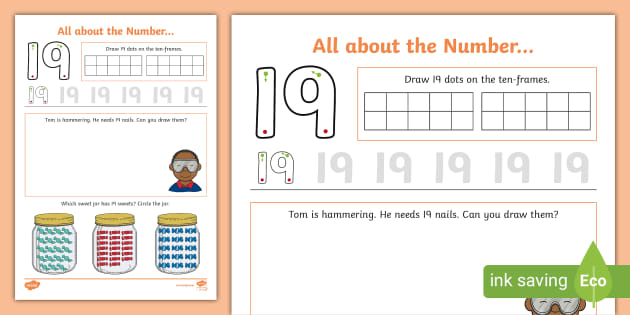 All About Number 19 Worksheet (teacher made) Twinkl