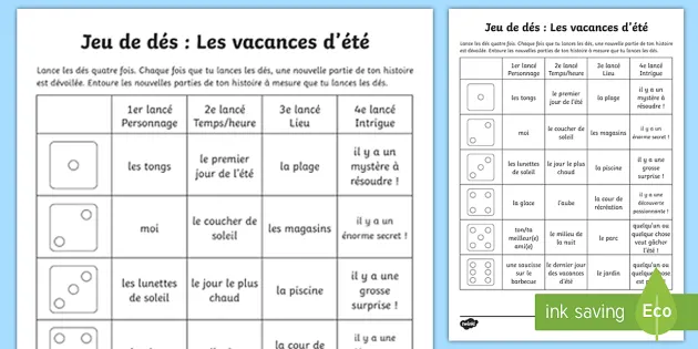 Feuille D Activites Jeu De Des Les Vacances D Ete