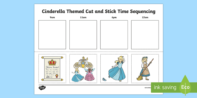 Cinderella Themed Cut and Stick Time Sequencing Worksheet