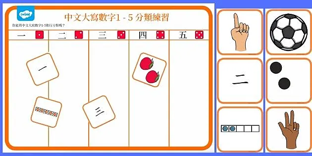 中文大寫數字1 5分類學習單 Teacher Made