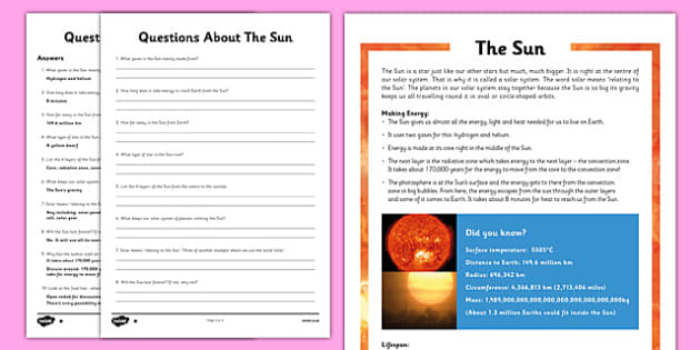 Year 5 The Sun Differentiated Reading Comprehension Activity
