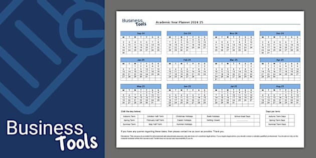 Printable Annual Business Calendar (Academic Year) - Twinkl