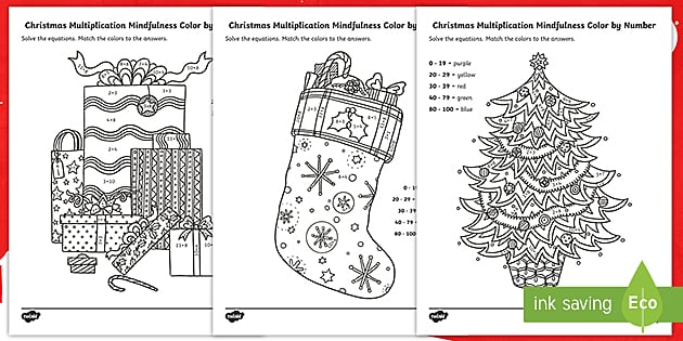 Christmas Multiplication Mindfulness Color by Number for 3rd-5th Grade
