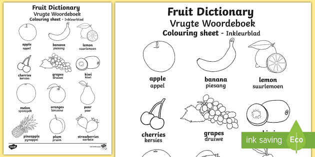 fruit dictionary words colouring sheet english afrikaans