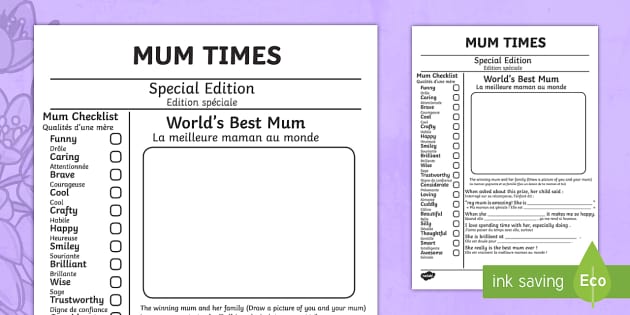 Mother S Day Newspaper Card Template Worksheet English French Mothers Day